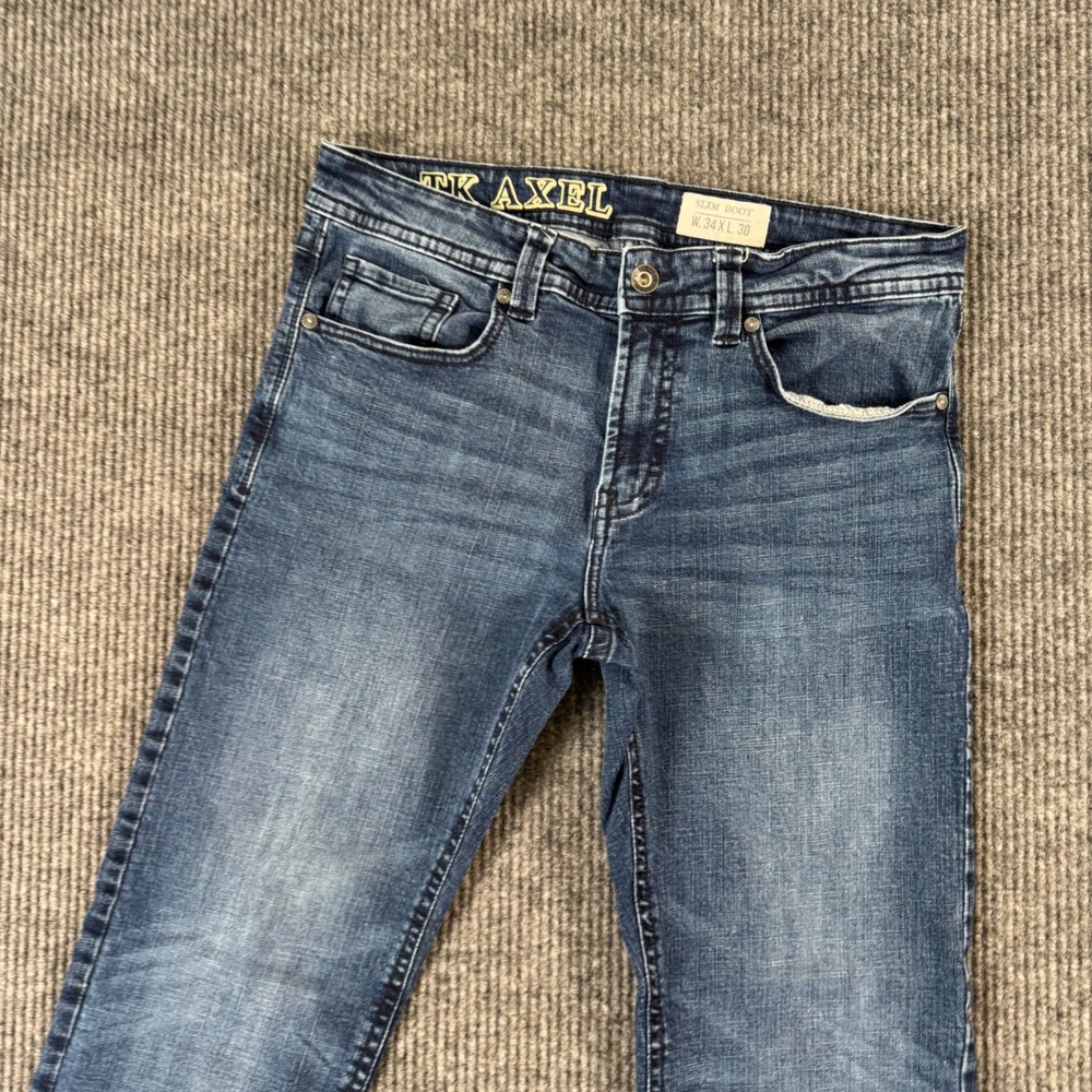 TK‎ Axel Mens 34x29 Slim Boot Jeans Blue Denim X Cross Pockets Western Casual